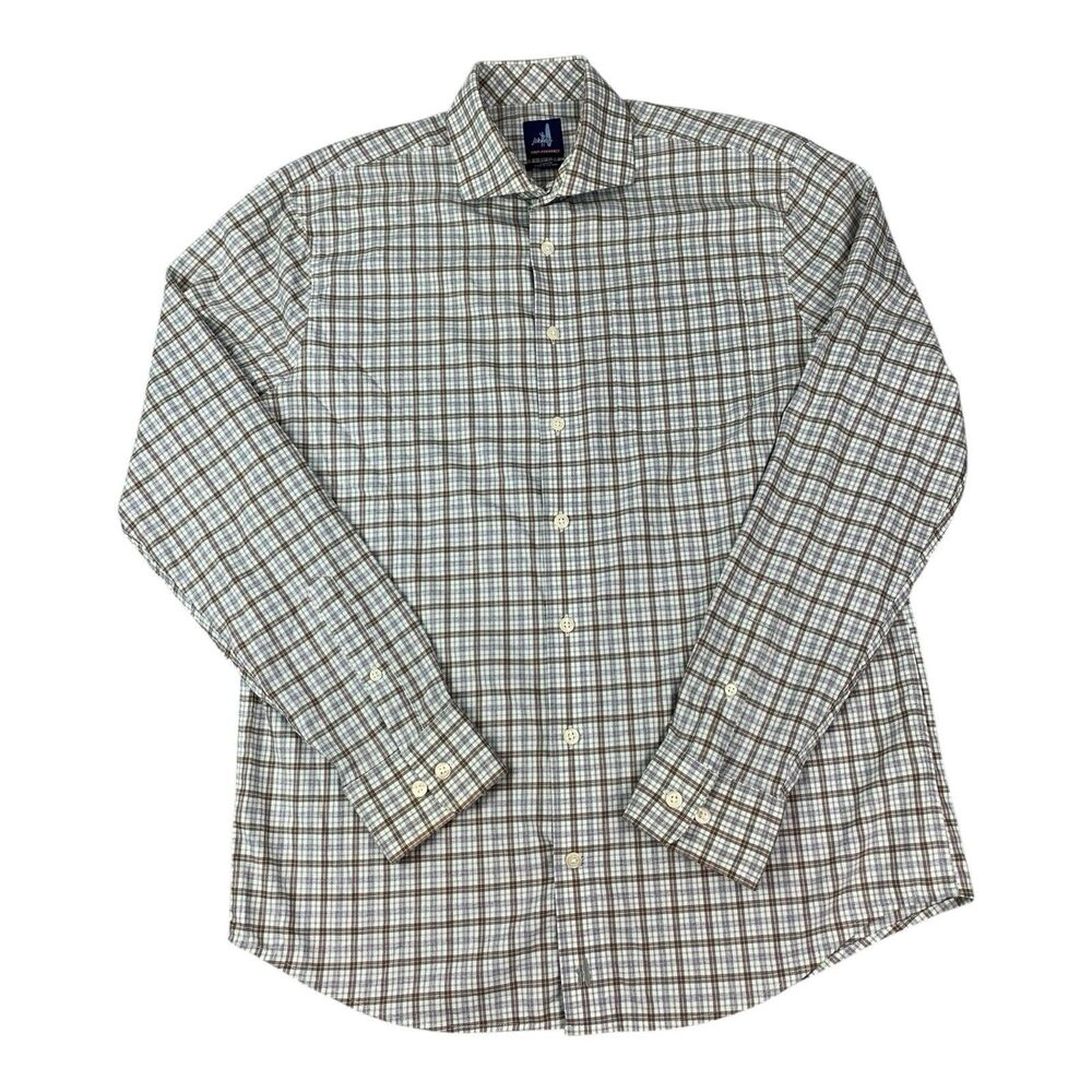 Johnnie-O Prep-Formance Long Sleeve Button Down Shirt, Brown Plaid, Men’s Medium